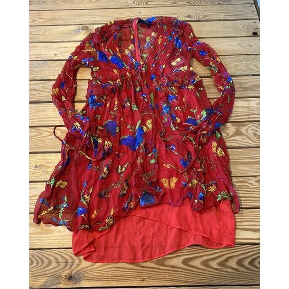 NWT $428 The Kooples Paris Butterfly Print Crinkle Long Sleeve Dress Size 2 Red - Picture 1 of 10